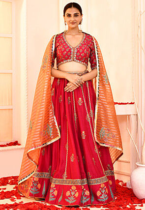 Printed Cotton Silk Lehenga in Maroon