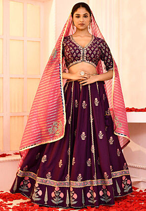 Printed Cotton Silk Lehenga in Violet