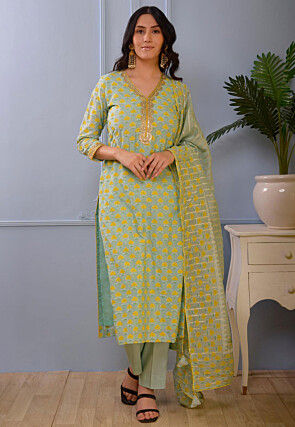 Printed Cotton Silk Pakistani Suit in Dusty Green