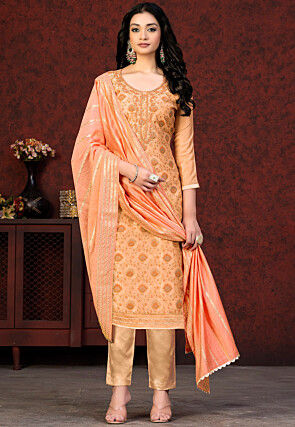 Printed Cotton Silk Pakistani Suit in Light Orange
