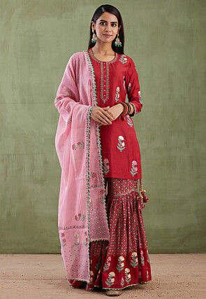 Printed Cotton Silk Pakistani Suit in Maroon