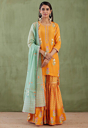 Printed Cotton Silk Pakistani Suit in Mustard