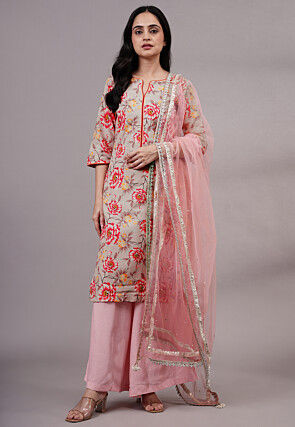 Printed Cotton Silk Pakistani Suit in Peach
