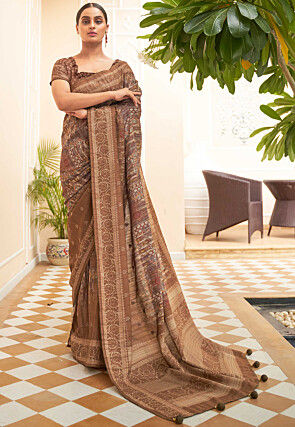 Printed Cotton Silk Saree in Brown