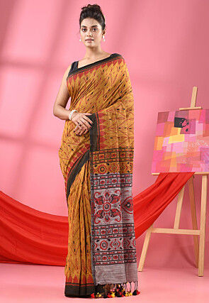 Printed Cotton Silk Saree in Mustard