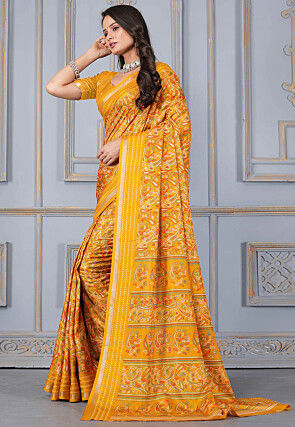 Printed Cotton Silk Saree in Mustard