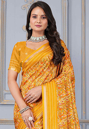 Printed Cotton Silk Saree in Mustard