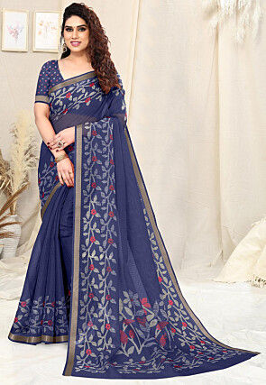 Printed Cotton Silk Saree in Navy Blue