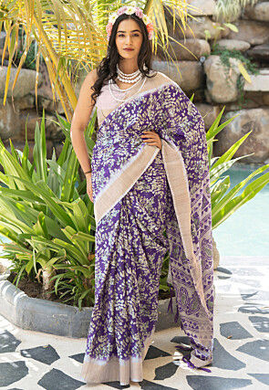 Printed Cotton Silk Saree in Purple