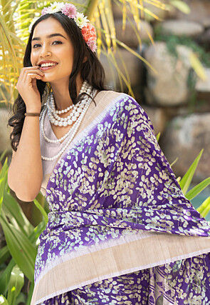 Printed Cotton Silk Saree in Purple