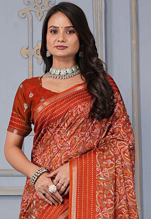 Printed Cotton Silk Saree in Rust