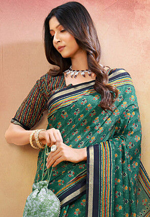 Printed Cotton Silk Saree in Teal Green