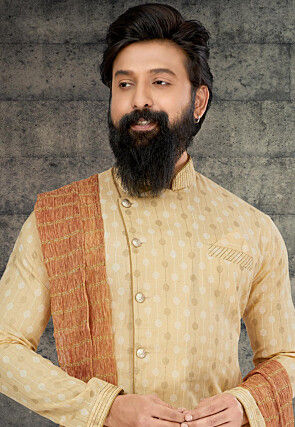 Printed Cotton Silk Kurta in Light Beige