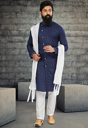 Printed Cotton Silk Sherwani in Navy Blue