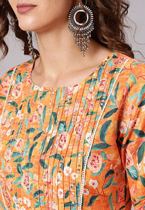 Printed Cotton Slub A Line Kurta Set in Light Orange