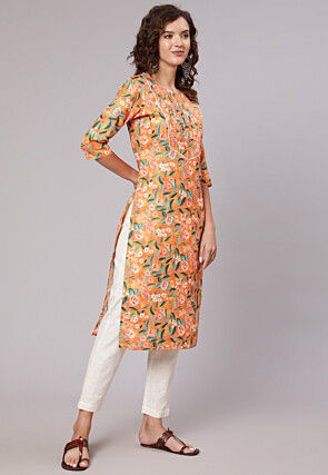 Printed Cotton Slub A Line Kurta Set in Light Orange