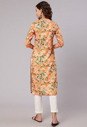Printed Cotton Slub A Line Kurta Set in Light Orange
