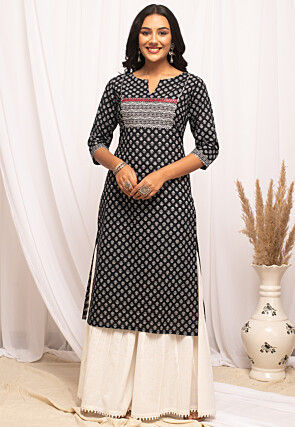 Printed Cotton Straight Kurta in Black