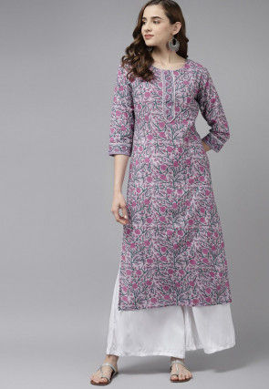 Printed Cotton Straight Kurta in Dusty Purple