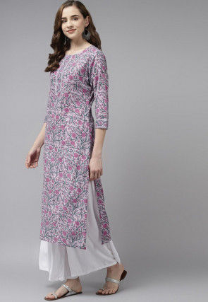Printed Cotton Straight Kurta in Dusty Purple