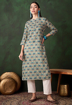 Printed Cotton Straight Kurta in Light Beige