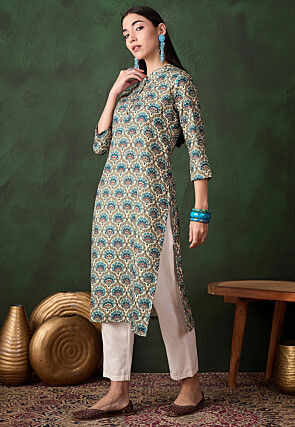 Printed Cotton Straight Kurta in Light Beige