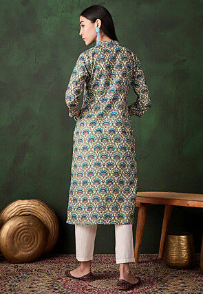 Printed Cotton Straight Kurta in Light Beige