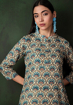 Printed Cotton Straight Kurta in Light Beige