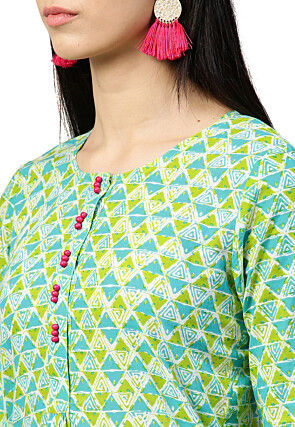 Printed Cotton Straight Kurta in Light Green