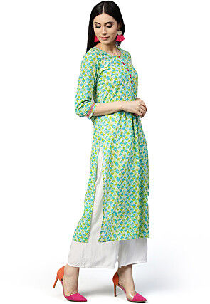 Printed Cotton Straight Kurta in Light Green