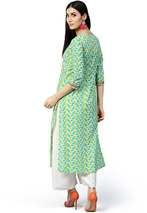 Printed Cotton Straight Kurta in Light Green