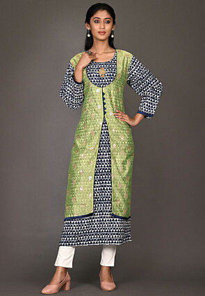 Printed Cotton Straight Kurta in Navy Blue and Blue