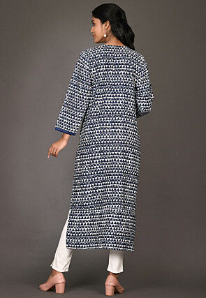Printed Cotton Straight Kurta in Navy Blue and Blue