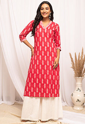 Printed Cotton Straight Kurta in Pink