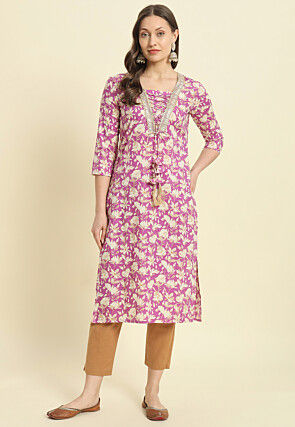 Printed Cotton Straight Kurta in Purple