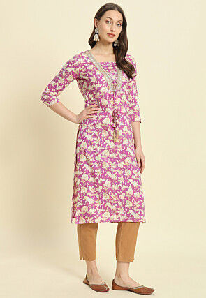 Printed Cotton Straight Kurta in Purple