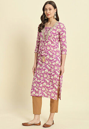 Printed Cotton Straight Kurta in Purple
