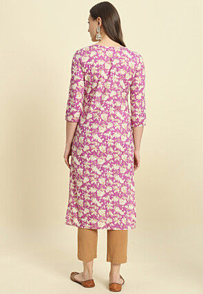 Printed Cotton Straight Kurta in Purple