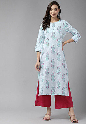 Printed Cotton Straight Kurta in Sky Blue