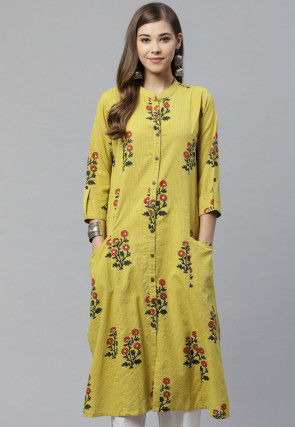 Printed Cotton Straight Kurta in Olive Green