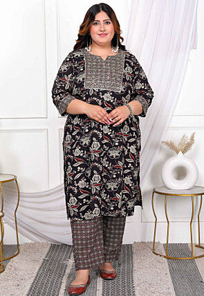 Printed Cotton Straight Kurta Set in Black