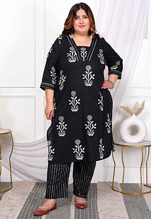 Printed Cotton Straight Kurta Set in Black