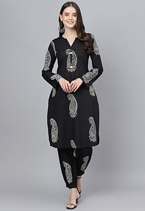 Printed Cotton Straight Kurta Set in Black