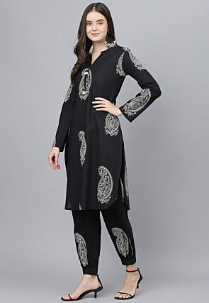 Printed Cotton Straight Kurta Set in Black