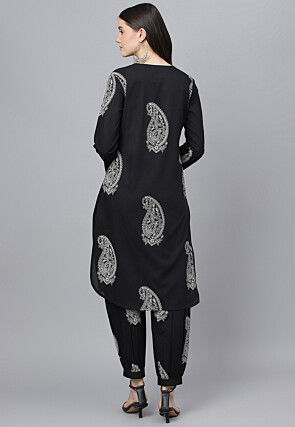 Printed Cotton Straight Kurta Set in Black