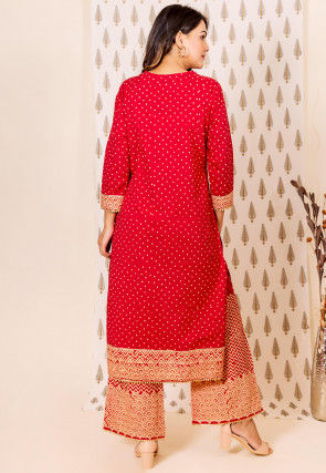 Printed Cotton Straight Kurta Set in Fuchsia