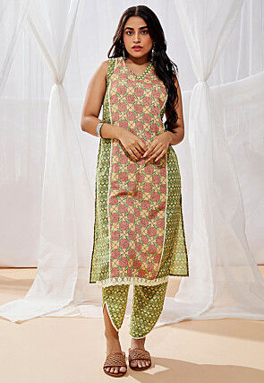 Printed Cotton Straight Kurta Set in Green and Peach
