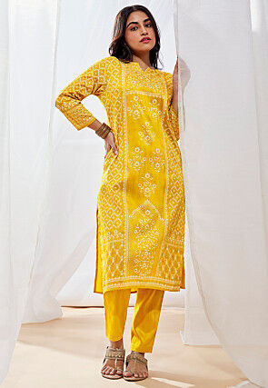 Printed Cotton Straight Kurta Set in Mustard