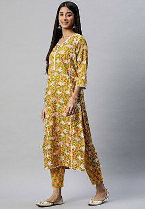 Mustard Printed Cotton Straight Kurta Set