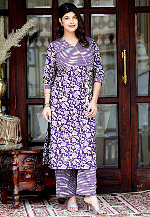 Printed Cotton Straight Kurta Set in Purple